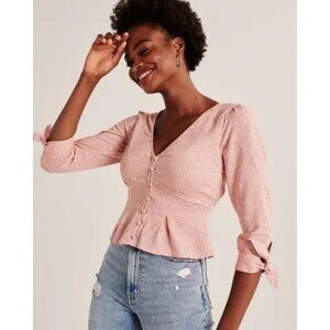 Button Up Smocked Waist Floral Print Blouse